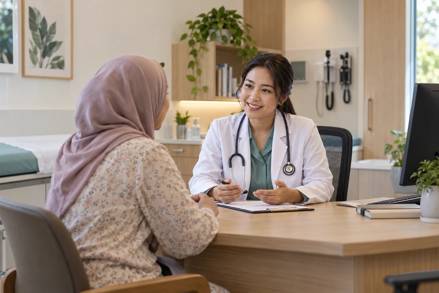 Illustrative scene of a doctor speaking with a patient in a welcoming clinic
